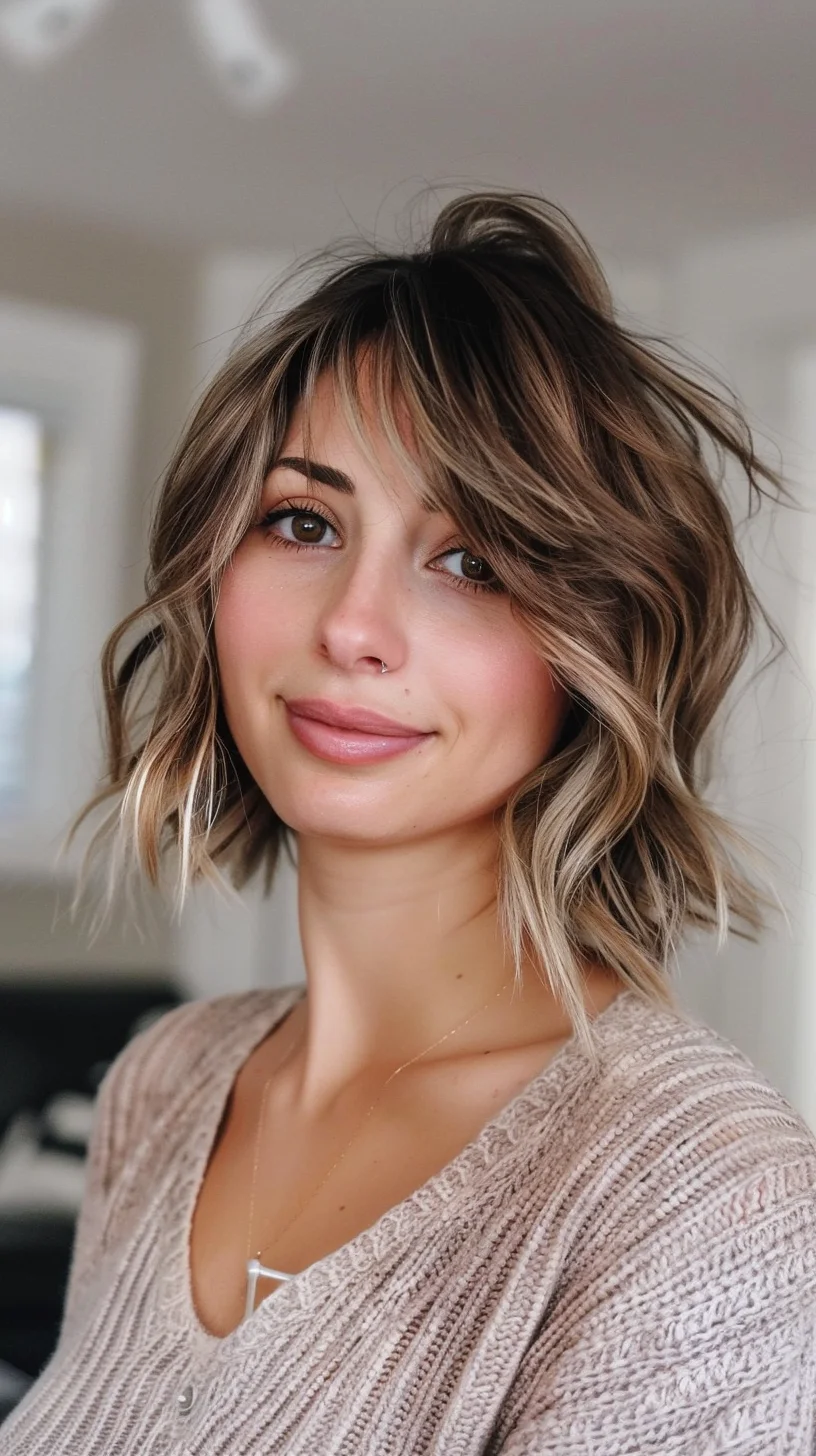 Effortlessly chic, this shoulder-length balayage showcases a stunning blend of rich brunette roots seamlessly transitioning into sun-kissed blonde ends. Soft, tousled waves add texture and movement, while face-framing highlights brighten the complexion. A sweeping side-swept bang completes the look, adding a touch of romance and mystery. 