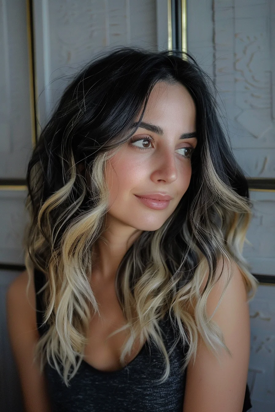 Luxurious waves cascade down in this breathtaking long balayage. Deep, midnight black roots melt into creamy blonde ends, creating a high-contrast look that's both bold and beautiful. Face-framing highlights add dimension and brighten the features, while long layers provide volume and movement. Styled in loose, beachy waves, this hair embodies the coveted "vacation glow" all year round.