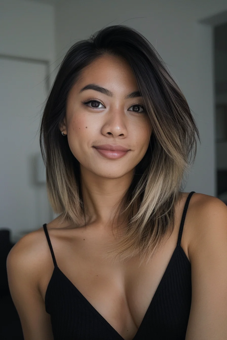Sleek and modern, this shoulder-length lob features a bold balayage that transitions from deep espresso roots to warm, honey blonde ends. The sharp, angled cut adds structure and edge, while subtle layers provide movement and texture. Face-framing highlights brighten the complexion and draw attention to the eyes. 