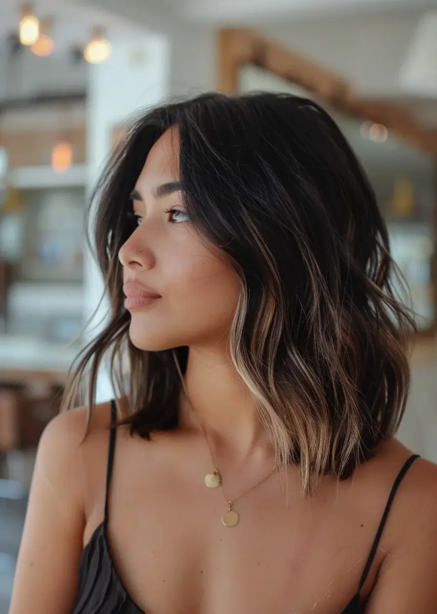 Beachy waves take center stage in this medium-length cut that's brimming with texture and dimension. Rich chocolate brown roots seamlessly blend into caramel and honey blonde highlights, creating a sun-kissed effect that looks effortlessly natural. Soft layers throughout add volume and movement, while subtle face-framing pieces enhance the features.