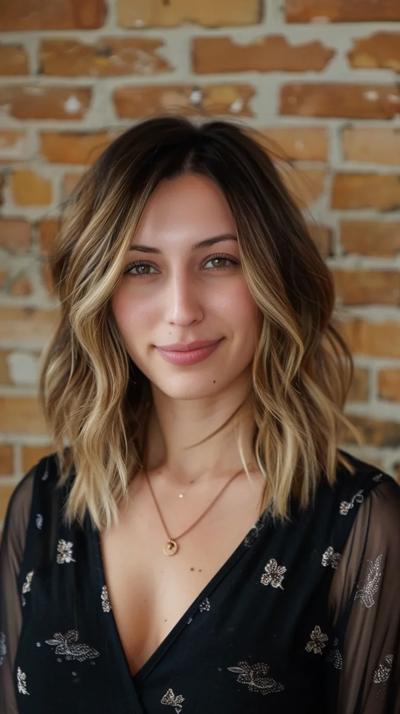 Luscious waves cascade down in a stunning balayage that transitions from rich chocolate brown roots to sun-kissed golden ends. This medium-length cut features soft layers that enhance the hair's natural movement, creating a beautifully textured look. Face-framing highlights add warmth and dimension, perfectly complementing the model's features. The overall effect is effortlessly chic, embodying that coveted "lived-in" color that's both low-maintenance and high-impact.