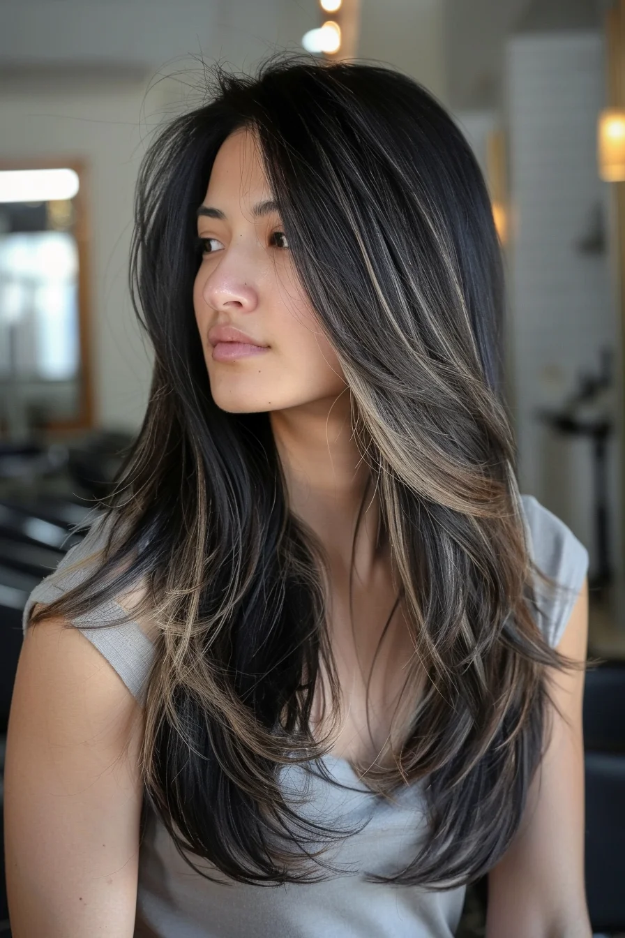 Striking and contemporary, this long-layered balayage showcases a mesmerizing transition from deep ebony roots to smoky ash blonde ends. The contrast is bold yet beautifully blended, creating a multi-dimensional look that catches the light with every movement. Soft waves add texture and volume, while face-framing highlights brighten the complexion and draw attention to the eyes. This edgy yet wearable style is perfect for those who want to make a statement without going too extreme.