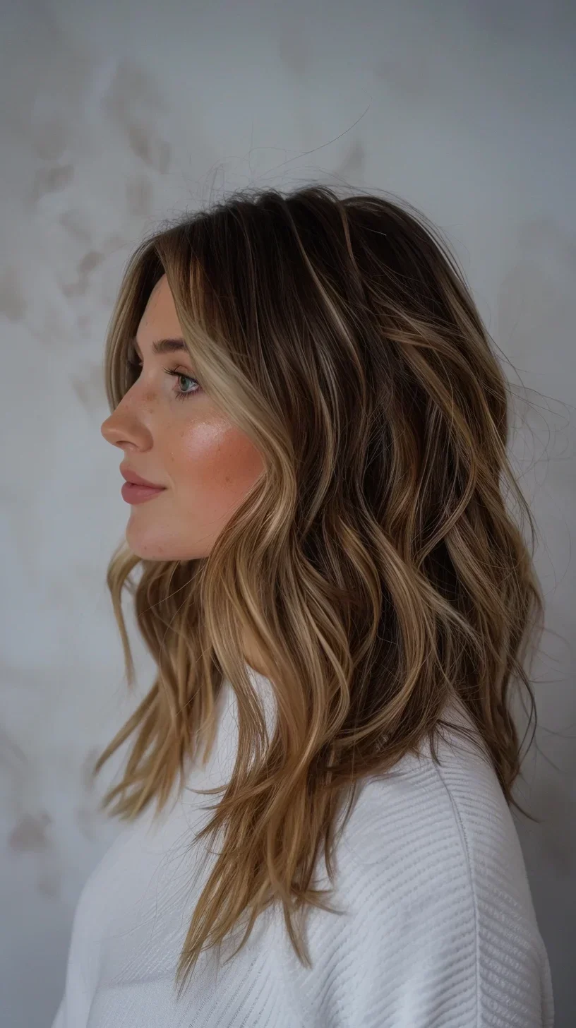 Captured in profile, this medium-length cut boasts a breathtaking balayage that's pure hair goals. Darker roots melt into a medley of butter blonde and caramel tones, creating a sun-kissed effect that looks natural and effortless. Tousled waves add texture and movement, while face-framing highlights brighten the complexion. The overall look is fresh and modern, embodying that coveted "beach babe" vibe with a touch of sophisticated edge.