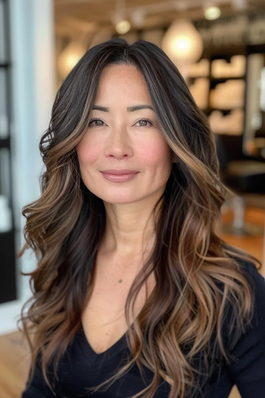 Sleek and sophisticated, this long layered cut showcases a masterful balayage technique. Dark brunette roots blend seamlessly into caramel midlengths and honey blonde ends, creating a multi-dimensional color story. The hair's silky texture is accentuated by subtle layers that add movement and body. Styled in loose waves, this look exudes an air of polished glamour while maintaining a natural, understated elegance that's perfect for any occasion.