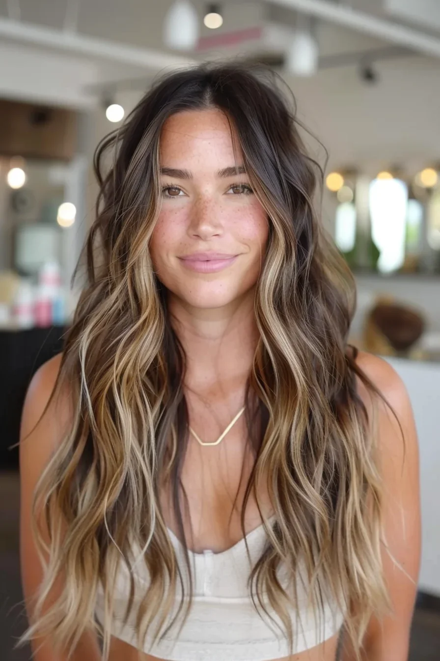 Long, lustrous waves showcase a stunning balayage that's the epitome of hair envy. Dark chocolate roots seamlessly transition into golden honey midlengths and bright blonde ends, creating a multi-tonal effect that's both natural and striking. The hair's length and subtle layers allow the color to truly shine, with each wave revealing new dimensions of light and depth.