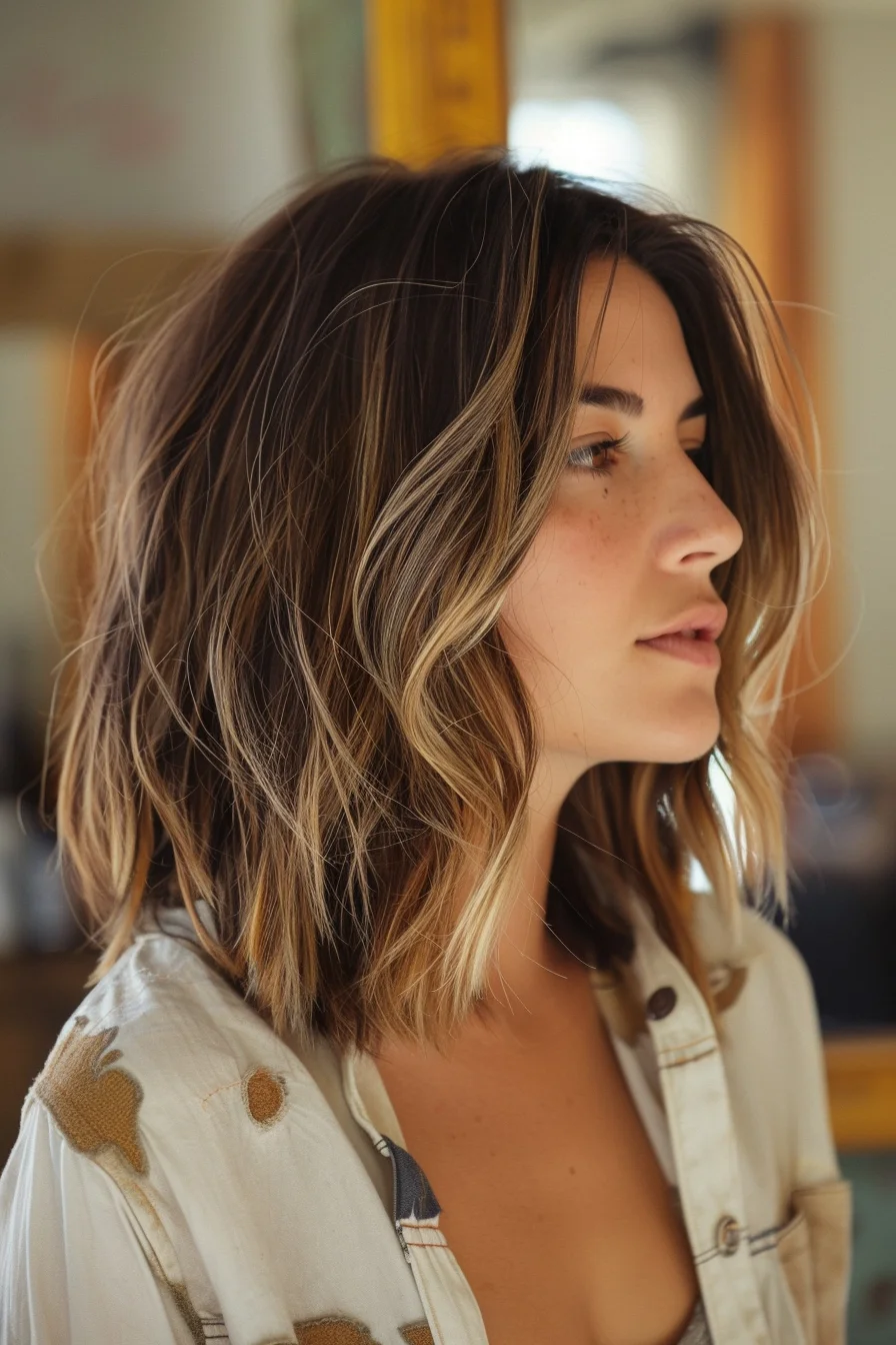 Beachy waves take center stage in this shoulder-length cut that's brimming with texture and dimension. A masterful balayage technique blends rich brunette roots with golden blonde ends, creating a gorgeous gradient effect. Layers throughout add volume and movement, while subtle highlights around the face enhance the model's features.