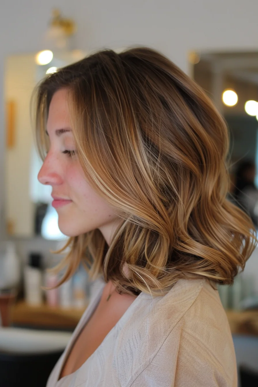 Beachy waves steal the show in this shoulder-grazing cut that's brimming with texture and dimension. A masterful balayage technique blends rich brunette roots with sun-kissed golden ends, creating a gorgeous gradient effect that looks natural and effortless. Soft layers throughout add volume and movement, while subtle highlights around the face enhance features and brighten the complexion.