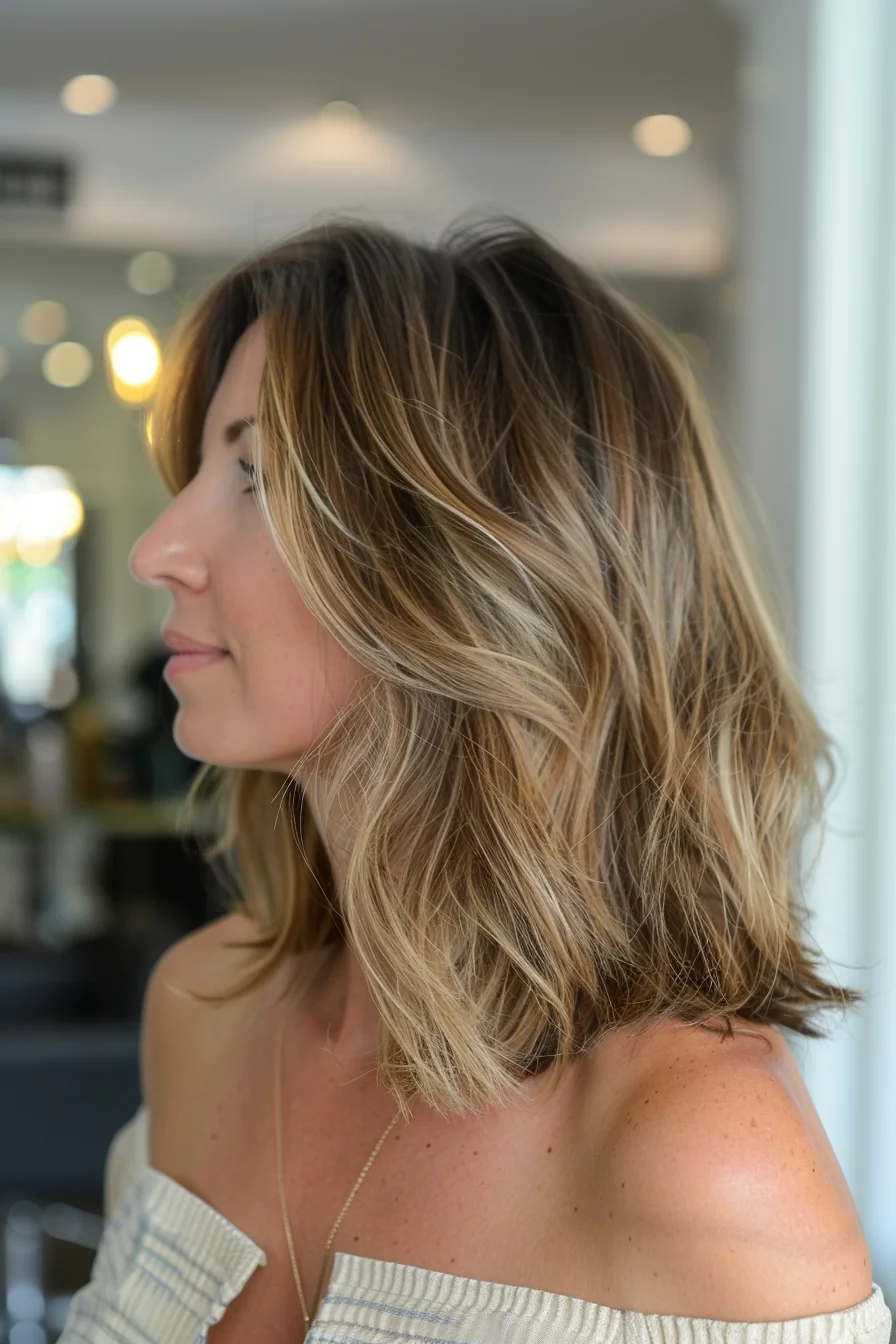 Effortlessly cool waves showcase a breathtaking balayage that transitions from dark roots to bright blonde ends. This medium-length cut features subtle layers that enhance the hair's natural movement, creating a beautifully textured look. The color placement is artfully done, with brighter pieces concentrated around the face and ends, mimicking the sun-lightened effect of a beach vacation. 