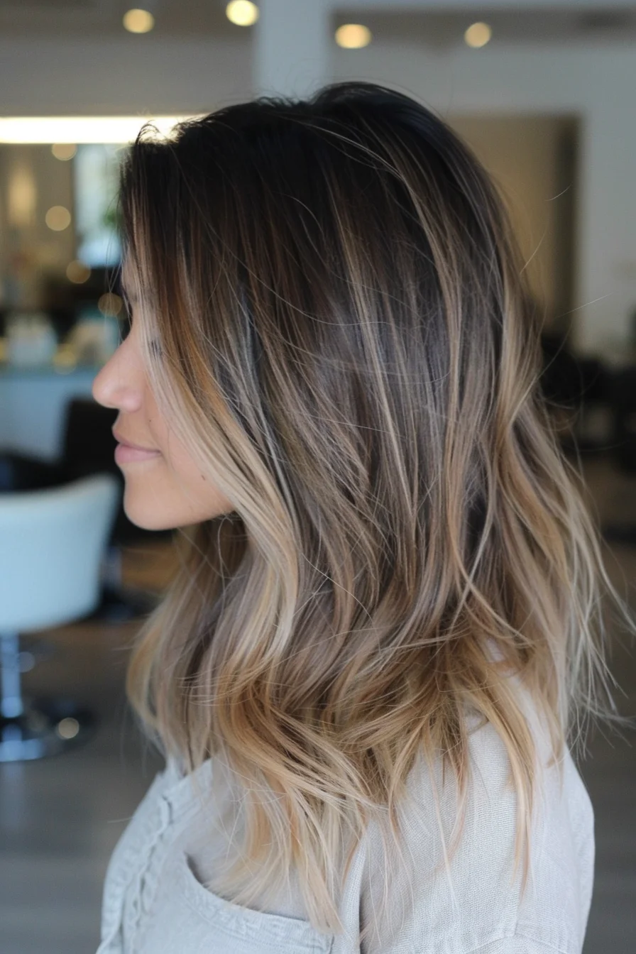 Dreamy waves cascade down in a stunning balayage that blends deep brunette roots with creamy blonde ends. This long-layered cut allows the multi-tonal color to truly shine, with each wave revealing new dimensions of light and depth. Face-framing highlights brighten the complexion, while long layers add movement and body to the luscious strands. The overall effect is a sun-kissed, beachy look that's both glamorous and effortlessly chic.