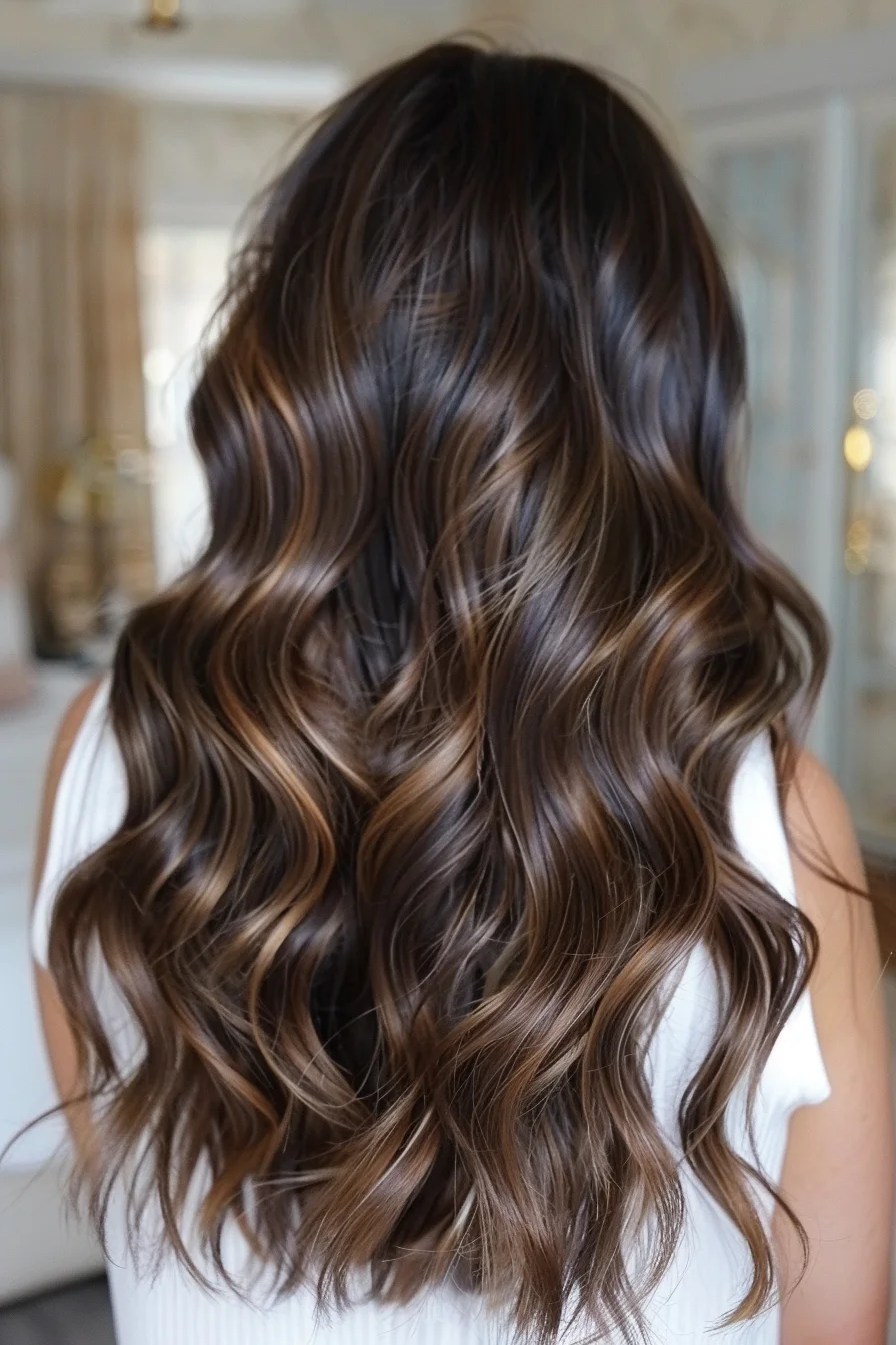 The chocolate brown hair color shines beautifully through soft, flowing waves that cascade down the back. Rich tones of espresso blend with hints of caramel, creating a dynamic depth. The waves are styled in loose, natural curls that bounce effortlessly, giving the hair a voluminous yet relaxed vibe that exudes understated charm.