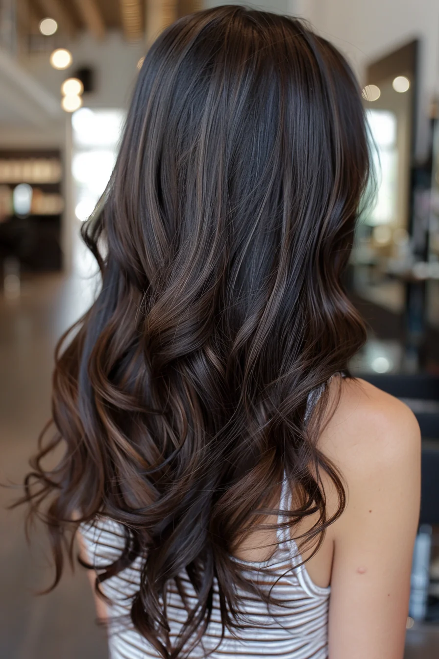 Loose curls drape down the back, the deep chocolate brown color adding a sense of warmth and richness. A few well-placed highlights subtly lighten the ends, creating a sun-kissed effect. The overall look is soft and romantic, with the curls adding a playful element to the sophisticated color.