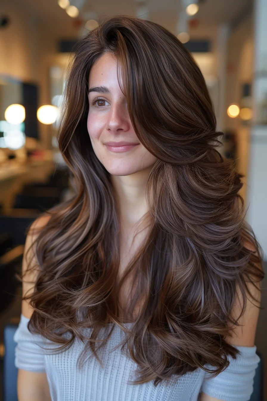 Layers and waves combine in a stunning display of movement and texture. The chocolate brown shade is accented with soft highlights that add just the right amount of contrast. The face-framing layers enhance the natural wave pattern, creating a look that’s relaxed yet polished, with a glow that highlights every curve.