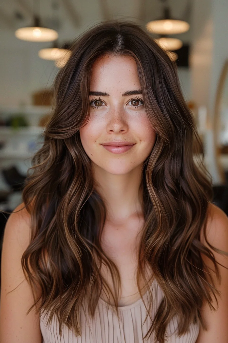 Soft waves part gently around the face, highlighting the natural beauty of chocolate brown hair. Subtle, warm highlights add a touch of dimension without overpowering the look, blending seamlessly with the base color. The waves bring a sense of lightness and movement, making the hair appear effortlessly full and healthy.