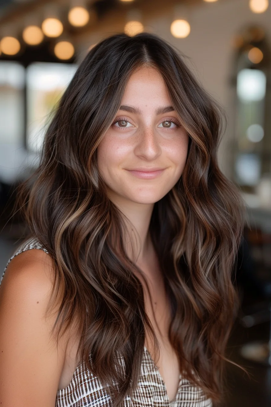 The hairstyle plays with contrasts, incorporating light brown highlights that frame the face and add brightness to the rich chocolate brown base. Loose waves create a natural texture, giving the hair an undone yet polished appearance. The result is a look that’s both chic and approachable, perfect for any occasion.