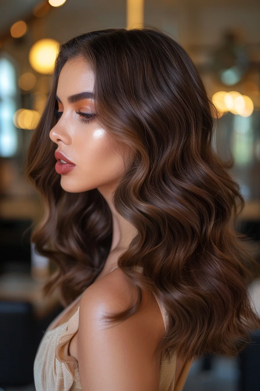 Glossy, well-defined waves cascade in a sleek, structured pattern, showcasing the deep chocolate brown shade in all its glory. Soft highlights are carefully placed to add dimension and a subtle glow. This look combines sophistication with modern styling, making it ideal for those who love a polished, put-together aesthetic