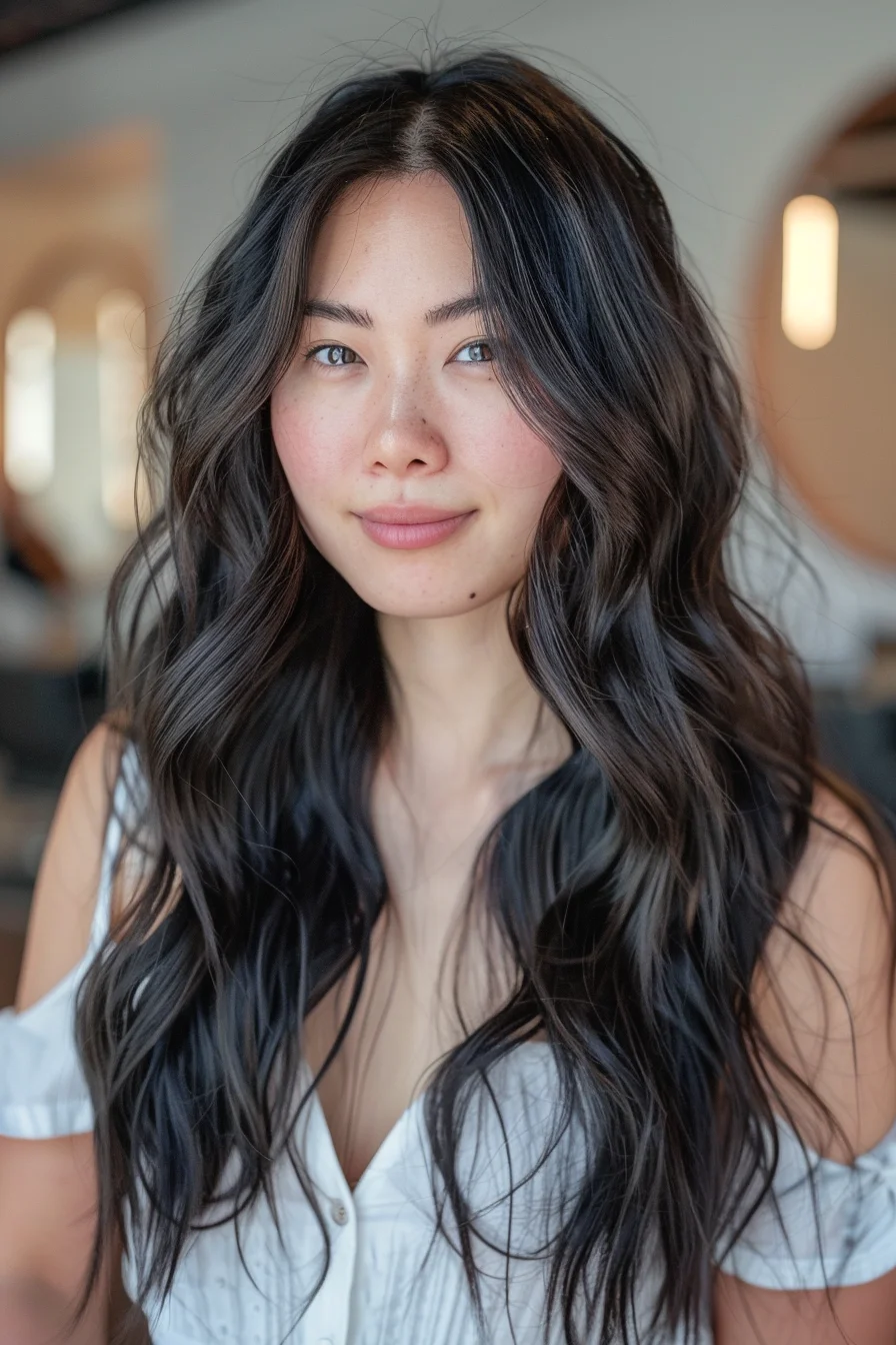 The waves in this hairstyle are full of bounce and volume, complemented by a rich, dark chocolate hue. Light brown highlights subtly accentuate the natural curl pattern, adding a touch of brightness. The hair falls in soft layers, giving it a playful and youthful vibe while maintaining a sense of chic simplicity.