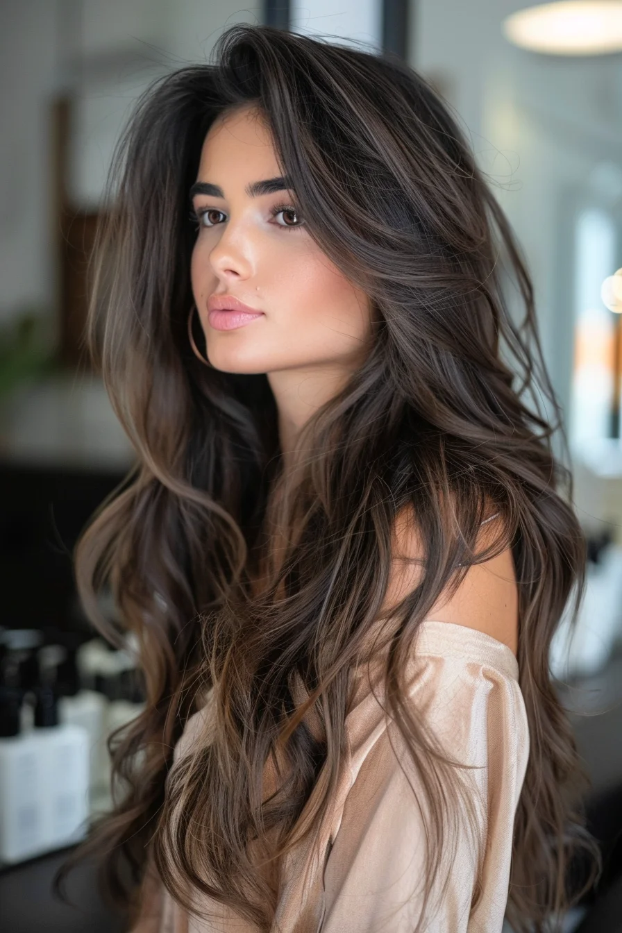 Flowing waves and long layers enhance the luscious chocolate brown color. The soft waves add volume and texture, while the warm undertones of the highlights bring out the richness of the base color. This style is all about soft, natural beauty, with a focus on enhancing the hair’s natural movement and shine.
