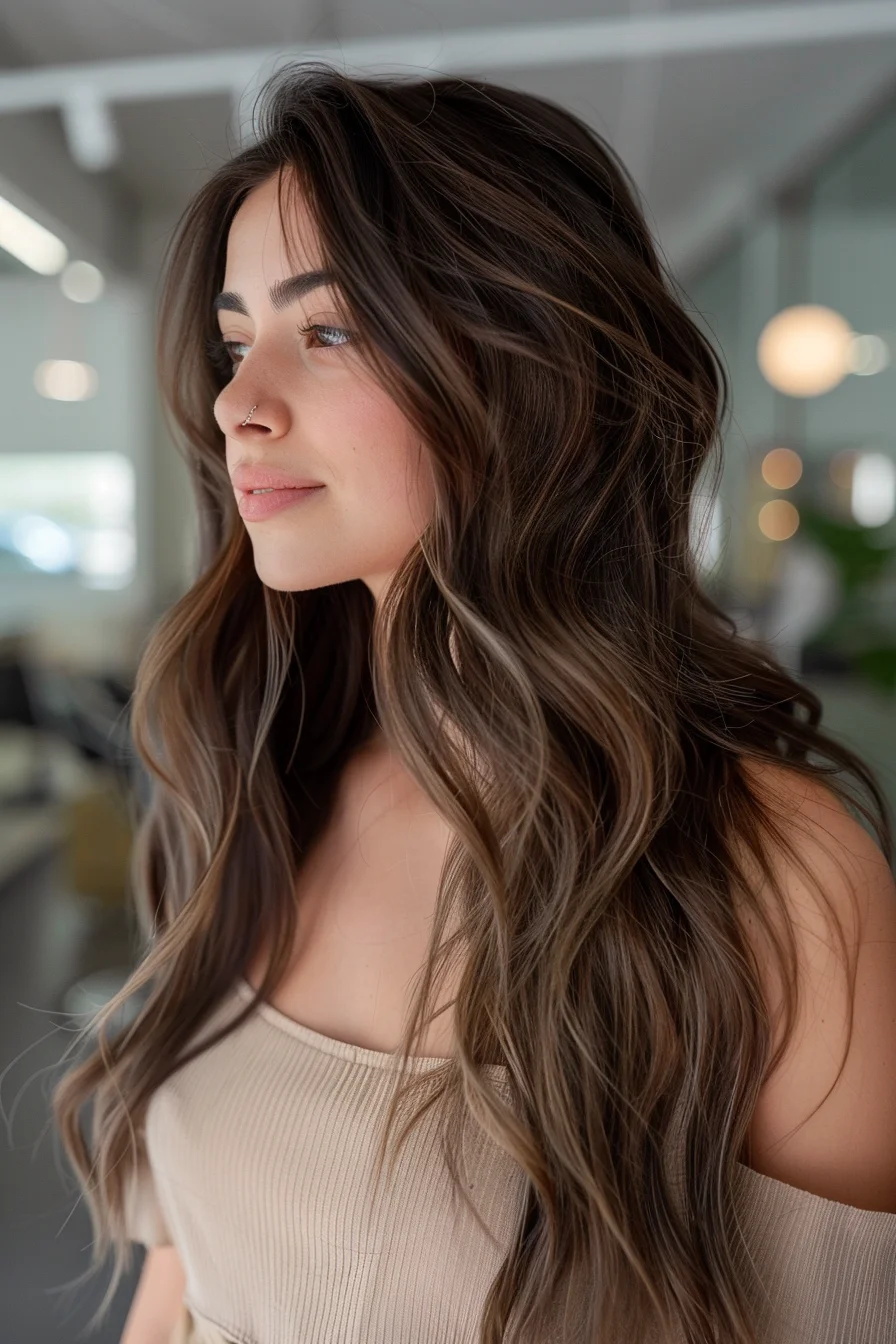 Long, flowing waves gently frame the face, with a rich chocolate brown base color accentuated by delicate, natural-looking highlights. The lightest shades are concentrated around the face, giving a brightening effect that enhances the overall look. It’s a soft and subtle approach to highlighting, perfect for a seamless transition of shades.