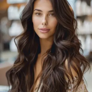 Long, flowing hair with subtle layers offers movement and texture, enhanced by the luscious chocolate brown shade. Soft highlights add dimension, catching the light in a way that emphasizes the natural sheen of the hair. The cut frames the face gently, drawing attention to the radiant, glossy finish of the color.