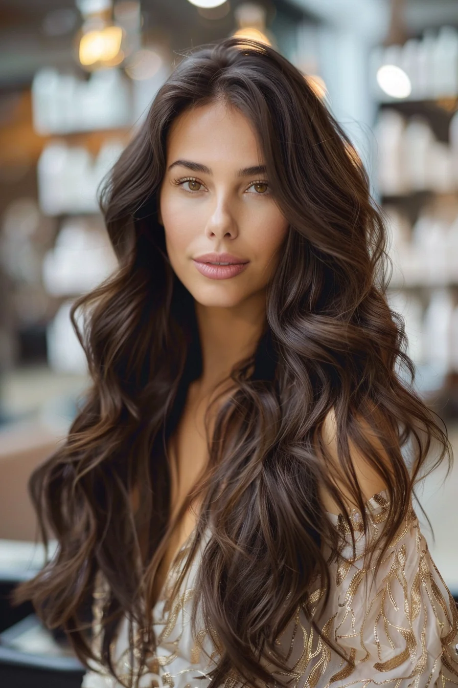 Long, flowing hair with subtle layers offers movement and texture, enhanced by the luscious chocolate brown shade. Soft highlights add dimension, catching the light in a way that emphasizes the natural sheen of the hair. The cut frames the face gently, drawing attention to the radiant, glossy finish of the color.