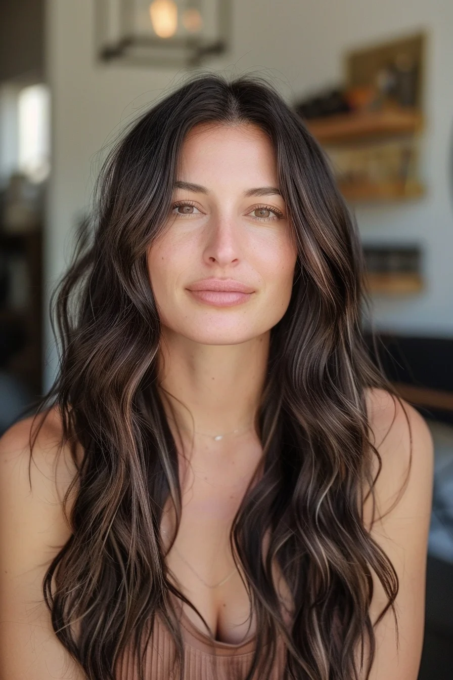 Loose, effortless waves add a relaxed vibe to the deep brown color. The highlights are carefully placed to add dimension and lightness, without being overpowering. The texture of the waves creates a carefree and modern look that feels fresh and natural, making it ideal for everyday wear or special occasions.