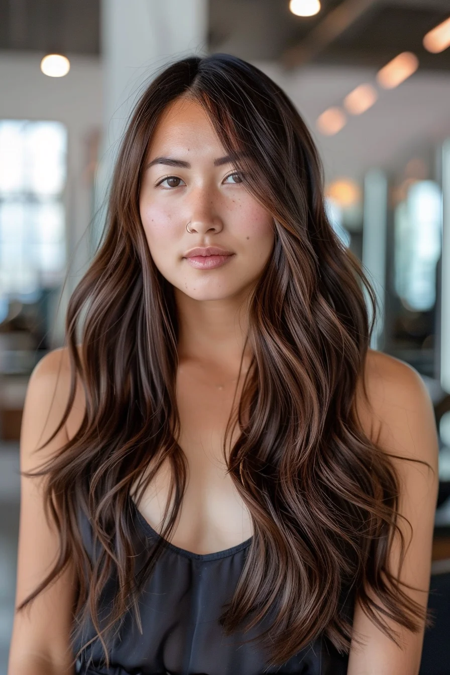 Big, bouncy waves showcase the beauty of the chocolate brown shade, with lighter tones woven throughout to add depth and luminosity. The layering in the cut gives the hair an airy quality, allowing it to move freely and catch the light beautifully. The combination of color and texture makes this style both vibrant and sophisticated.