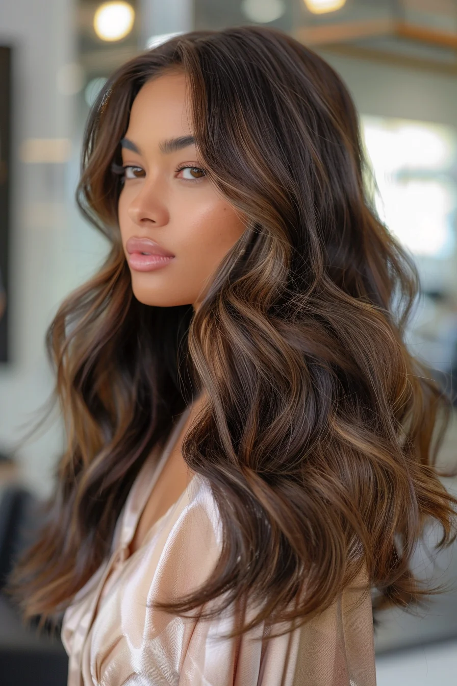 Soft, cascading waves fall beautifully over the shoulders, with the chocolate brown color providing a rich and luscious base. Subtle highlights peek through, especially at the ends, creating a sun-kissed effect. The voluminous waves add an elegant touch, giving the hairstyle a sense of movement and vitality.