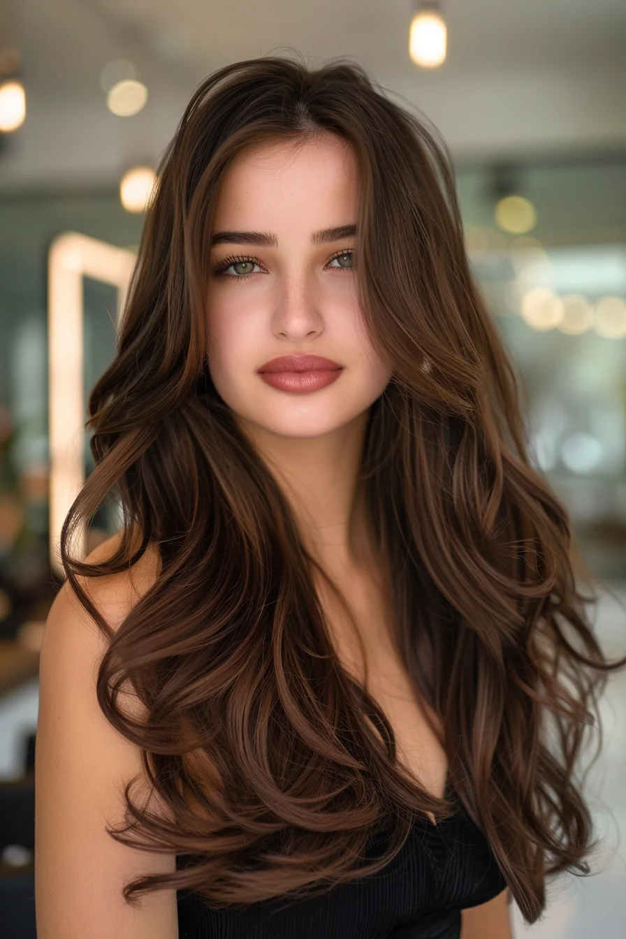 Long, voluminous waves bring out the warmth in the chocolate brown shade. The highlights are blended seamlessly, adding depth and contrast without disrupting the harmony of the overall look. The waves are styled with a soft bend, creating a gentle flow that enhances the length and fullness of the hair.