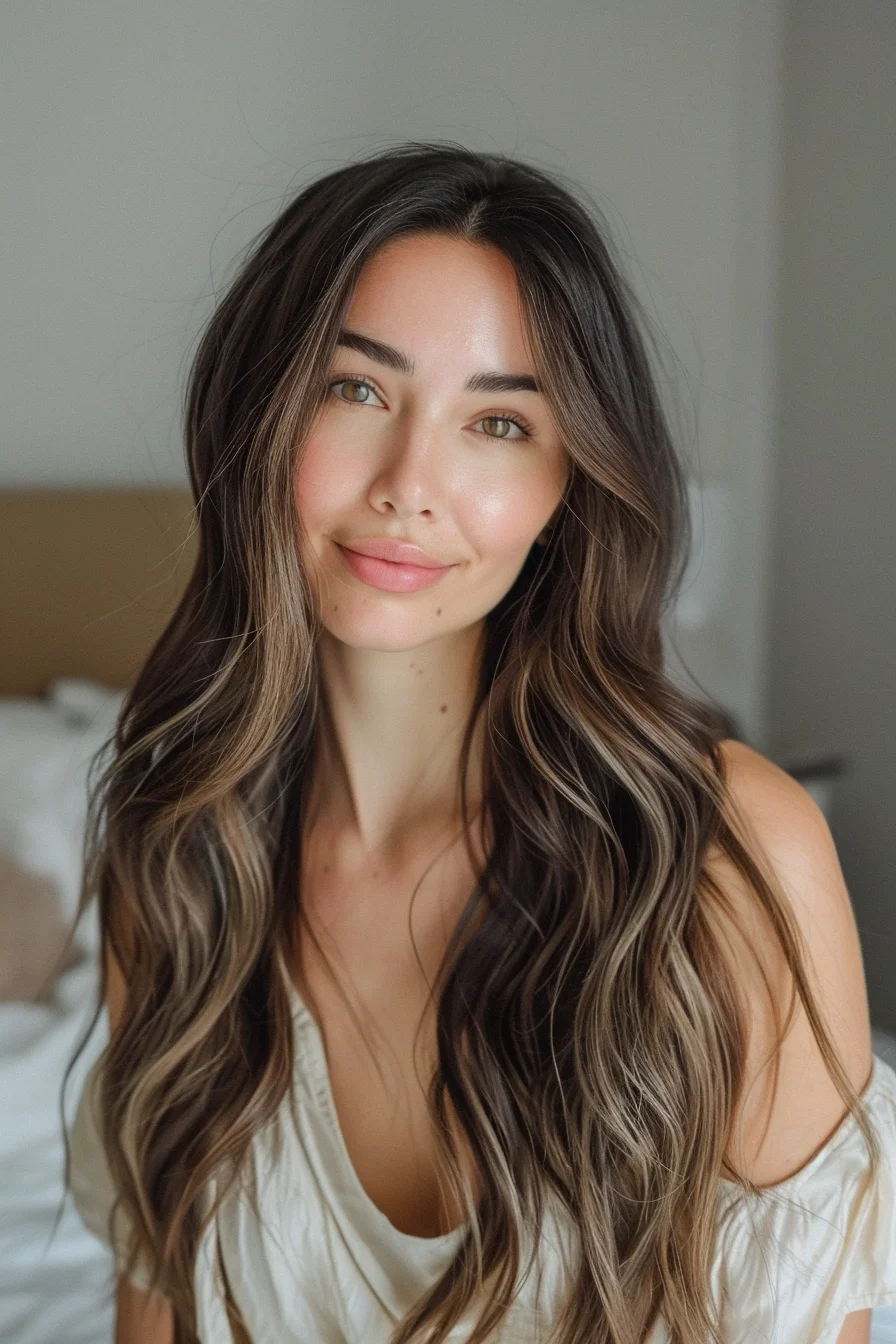 Soft waves cascade down, showcasing a stunning blend of warm chocolate brown hues that add dimension and depth. The subtle highlights interspersed throughout the lengths catch the light beautifully, giving the hair a glossy, healthy shine. A perfect choice for those looking to add richness and vibrancy without overpowering the natural beauty of the cut. The center part frames the face delicately, emphasizing the effortless beauty of this long, wavy style.