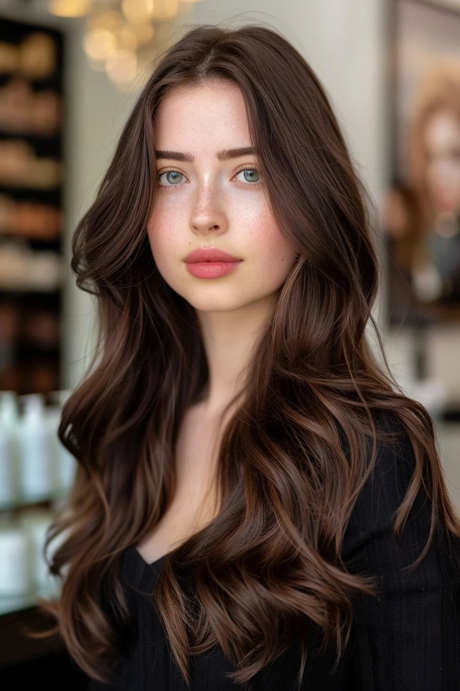 The deep, rich brown color is the star of this look, with its luxurious tone lending a lush, velvety feel. Loose curls start mid-length, adding a touch of bounce and volume that elevates the overall style. The absence of highlights keeps the focus on the natural sheen and texture of the hair, making it a timeless, classic choice. Long layers subtly accentuate the movement, ensuring the hair flows seamlessly with every step.