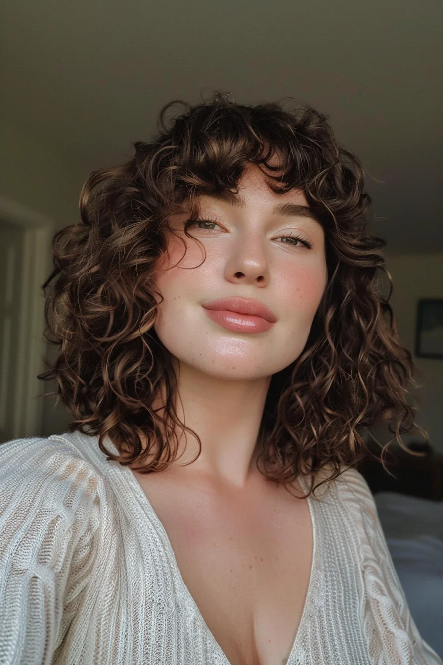 Playful and chic, this curly bob features a deep chocolate hue that enhances the natural curls. The shorter length gives it a youthful, carefree vibe, while the curtain bangs softly frame the face, adding a modern touch. The rich color adds depth to each curl, making them stand out more vividly, while the slightly tousled finish keeps the look fresh and lively. Perfect for those who want a fun, low-maintenance hairstyle with a lot of character.