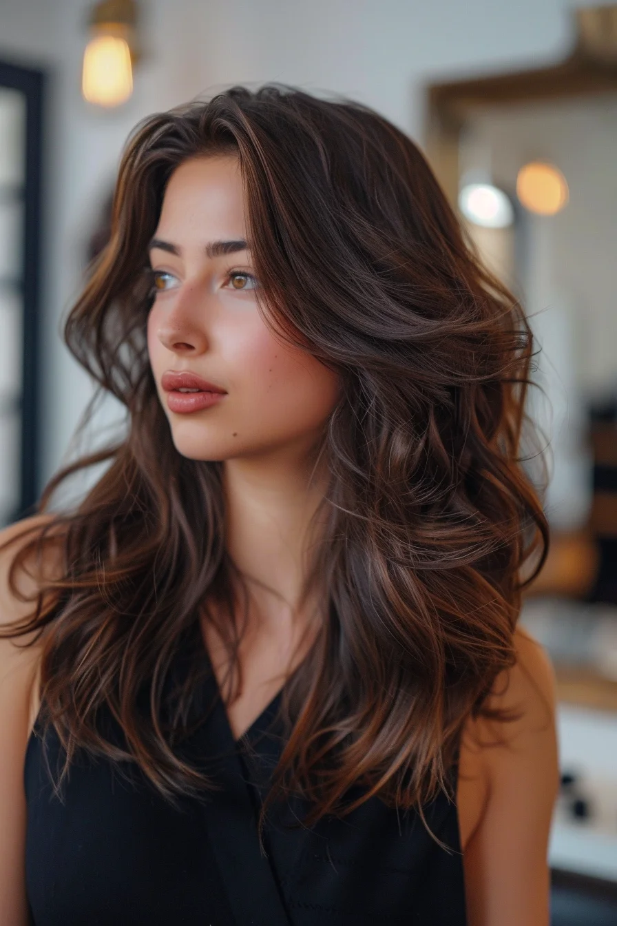 Long, voluminous waves paired with a multi-dimensional chocolate brown color create a look that’s effortlessly glamorous. The combination of lighter and darker tones gives the hair a sun-kissed appearance, adding brightness around the face and through the ends. Soft layers keep the hair from feeling heavy, while the natural waves add a touch of carefree elegance. This style is perfect for those who want a polished look with a bit of laid-back charm.
