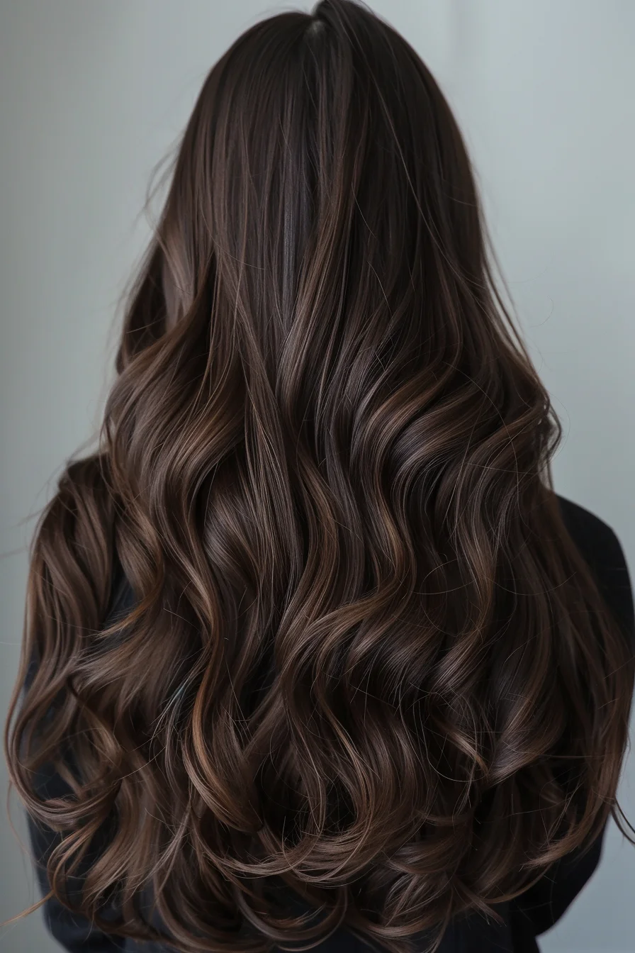From the back, the richness of the chocolate brown hue is on full display, with its glossy finish and perfectly sculpted waves creating an almost mesmerizing effect. The long layers enhance the hair’s natural volume, while the subtle highlights running through the mid-lengths to ends add a touch of lightness and movement.