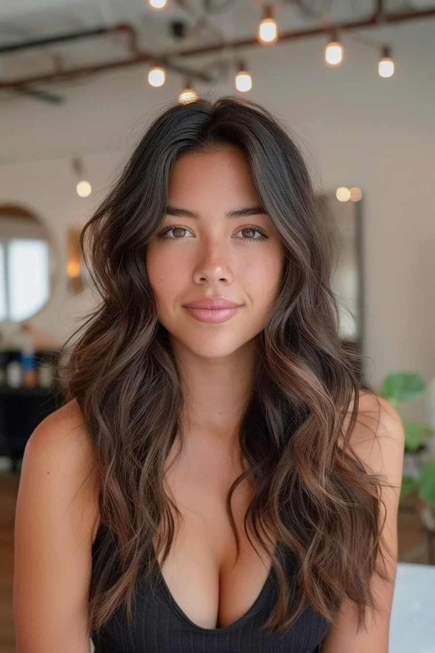 Subtle balayage highlights accentuate the deep chocolate hue, creating a harmonious blend that looks effortlessly natural. The layered waves add body and movement, making the color variations stand out even more. It’s a look that feels both rich and luminous, perfect for showcasing the natural depth of dark hair.