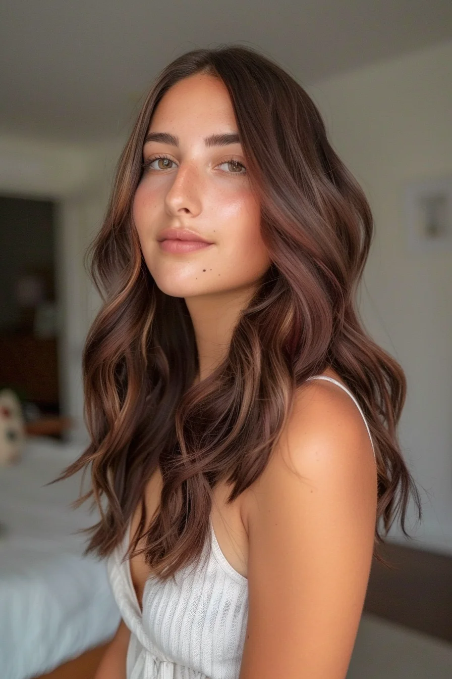 This wavy, shoulder-grazing cut is all about texture and shine. The warm chocolate brown color is elevated by delicate caramel highlights that peek through, creating a soft, dimensional effect. Loose waves begin at eye level, adding movement and body without overwhelming the length. 