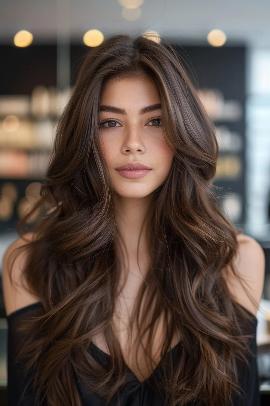 Soft, voluminous waves cascade down in a chocolate brown shade that’s both rich and dimensional. The subtle layering around the face adds a flattering frame, while the warm undertones highlight the natural texture, giving the style a fresh, youthful vibe that’s effortlessly chic.