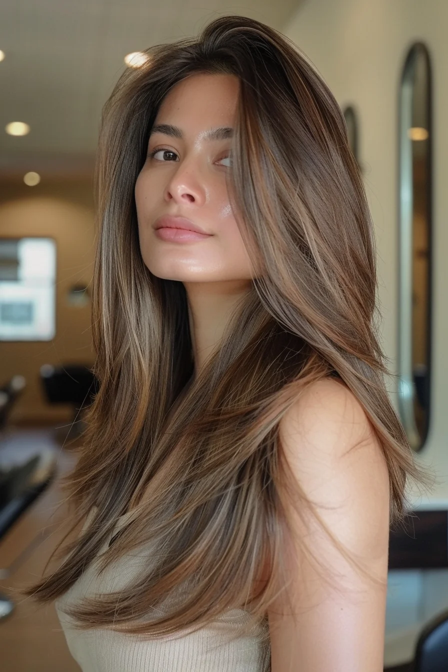 A long, layered cut with a center part enhances the natural flow of the chocolate brown hair, bringing out its multi-tonal depth. The soft highlights subtly peek through, creating a seamless blend of light and dark hues that give the overall look a sophisticated and modern touch.