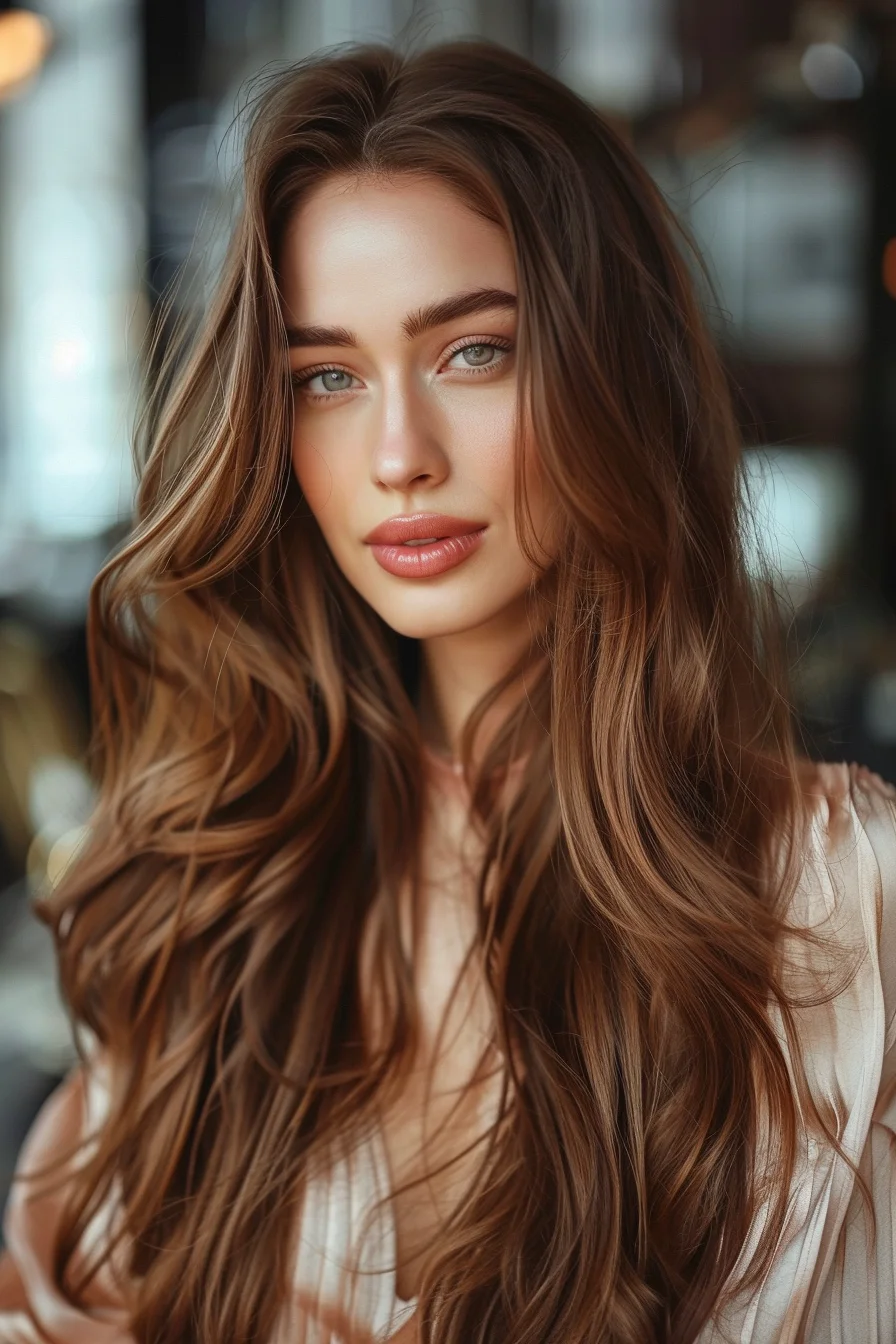 Long, cascading waves paired with a deep chocolate brown hue offer a look that’s timeless and rich. The sleek middle part and minimal layers accentuate the hair’s natural movement, giving a sense of fullness and body, while the dark color adds depth and dimension.