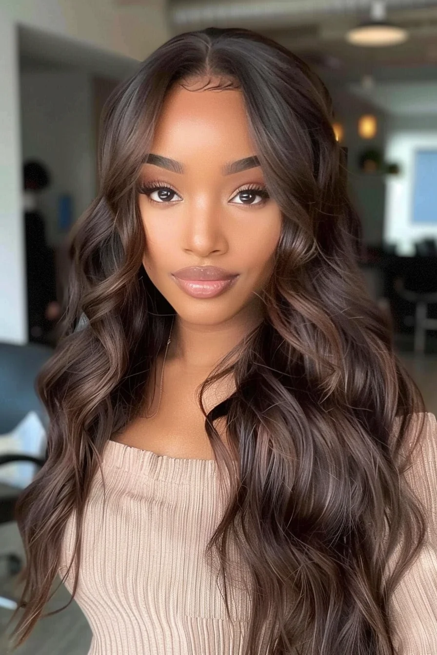A smooth, long hairstyle with subtle layers blends beautifully into a deep chocolate brown shade. The hair appears glossy and full, with a gentle shine that highlights the darker, cooler undertones, making the overall look polished yet approachable.