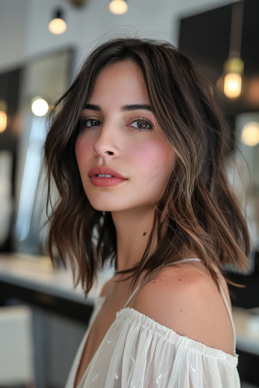 Soft curls with a defined, chocolate brown color create an effortlessly romantic feel. The gentle volume and subtle waves add a touch of movement, while the warm undertones reflect light beautifully, giving the hair an overall luscious and healthy appearance.