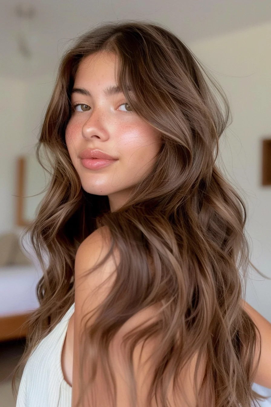 A shoulder-length cut with loose waves gives the chocolate brown shade a playful yet sophisticated feel. The slightly off-center part enhances the volume at the crown, and the subtle light brown highlights add a soft contrast, making the look vibrant and youthful.