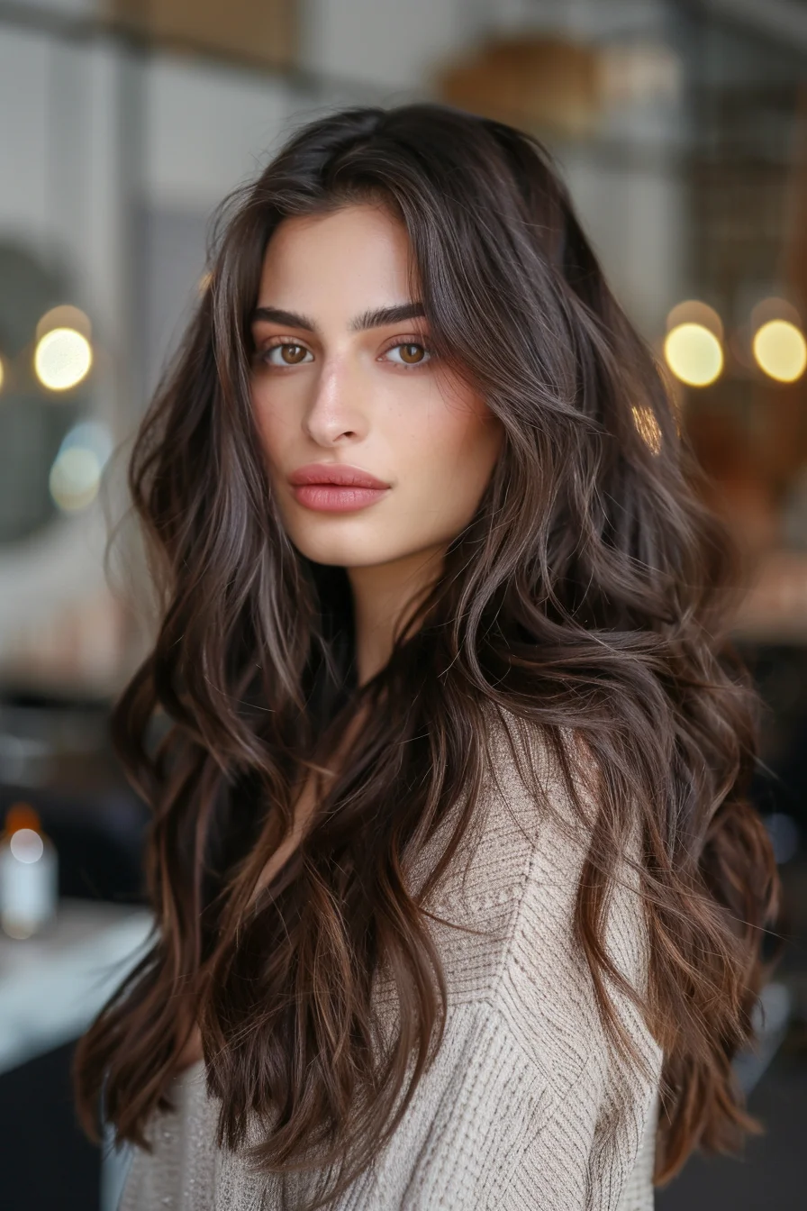 Voluminous waves create a sense of fullness, enhanced by the multi-dimensional chocolate brown shade. Subtle highlights are strategically placed to catch the light, adding a soft glow. The hairstyle flows with ease, framing the face and allowing the rich color to shine through every curve and curl.