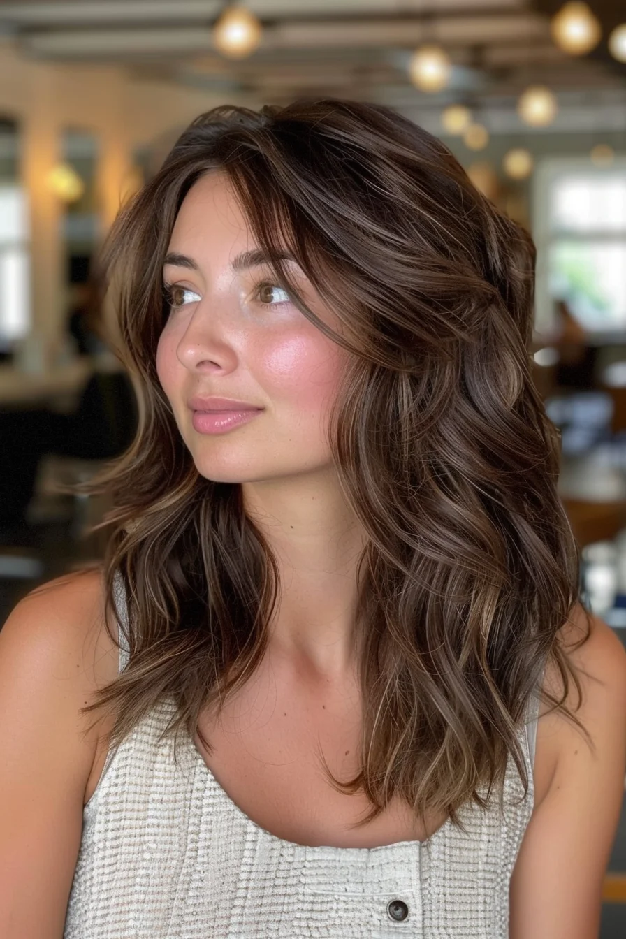Loose, flowing waves with a center part create a balanced, symmetrical look. The chocolate brown color is enhanced with hints of lighter brown, adding a sun-kissed effect. It’s a chic yet natural style that feels both polished and effortless, highlighting the natural beauty of the hair’s texture and color.