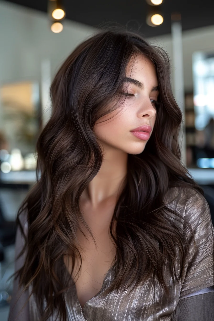 Soft, tousled waves cascade down, showcasing the richness of the chocolate brown base with lighter accents that add warmth and depth. The waves are styled to give a sense of movement and lightness, making the hair appear both voluminous and airy. It’s a look that feels fresh, modern, and full of natural radiance. ​