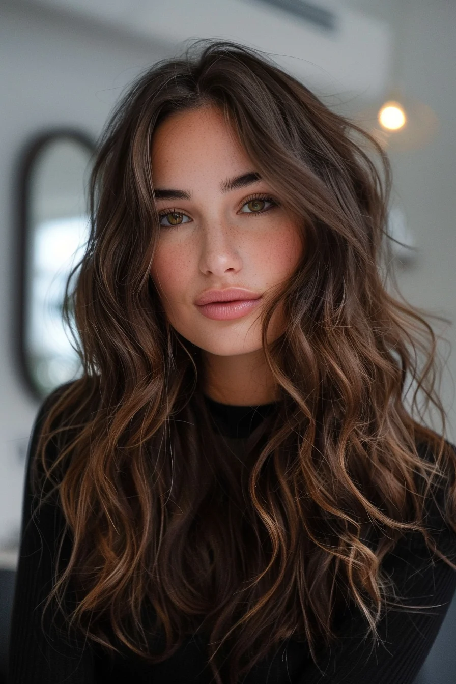 Tousled waves effortlessly frame the face, with chocolate brown tones creating a natural yet captivating look. Subtle caramel highlights peek through, adding depth and brightness. The relaxed texture brings a casual vibe, while the color's richness draws attention to each wave, making it look both lived-in and luxurious.