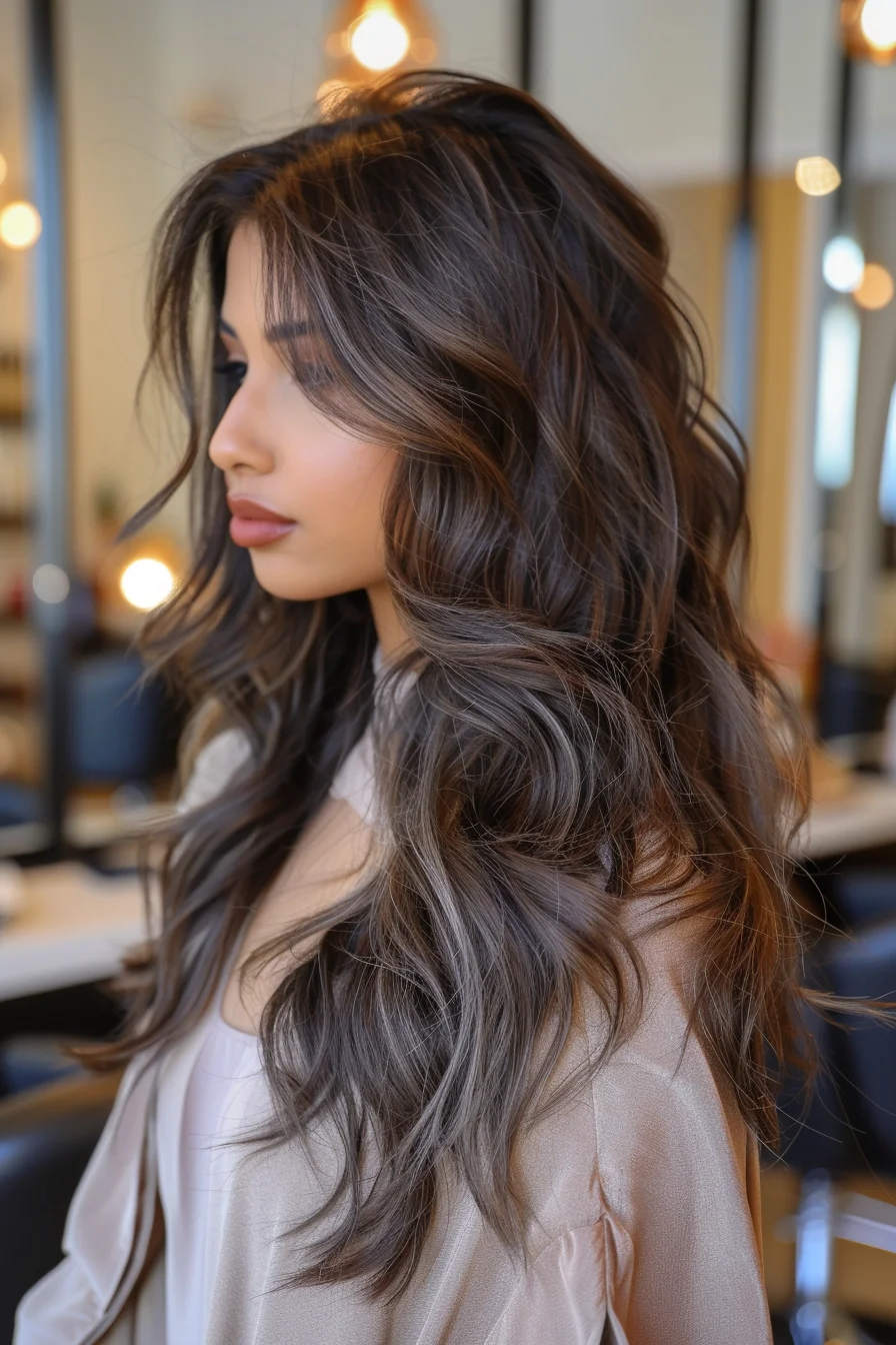 Side-swept waves cascade with an undeniable fluidity, showcasing a deep chocolate brown base with cooler undertones. Lighter brown highlights are woven throughout, giving the hairstyle an almost smoky effect. The soft volume and layers add movement, making each wave catch the light and amplify the subtle variations in tone.