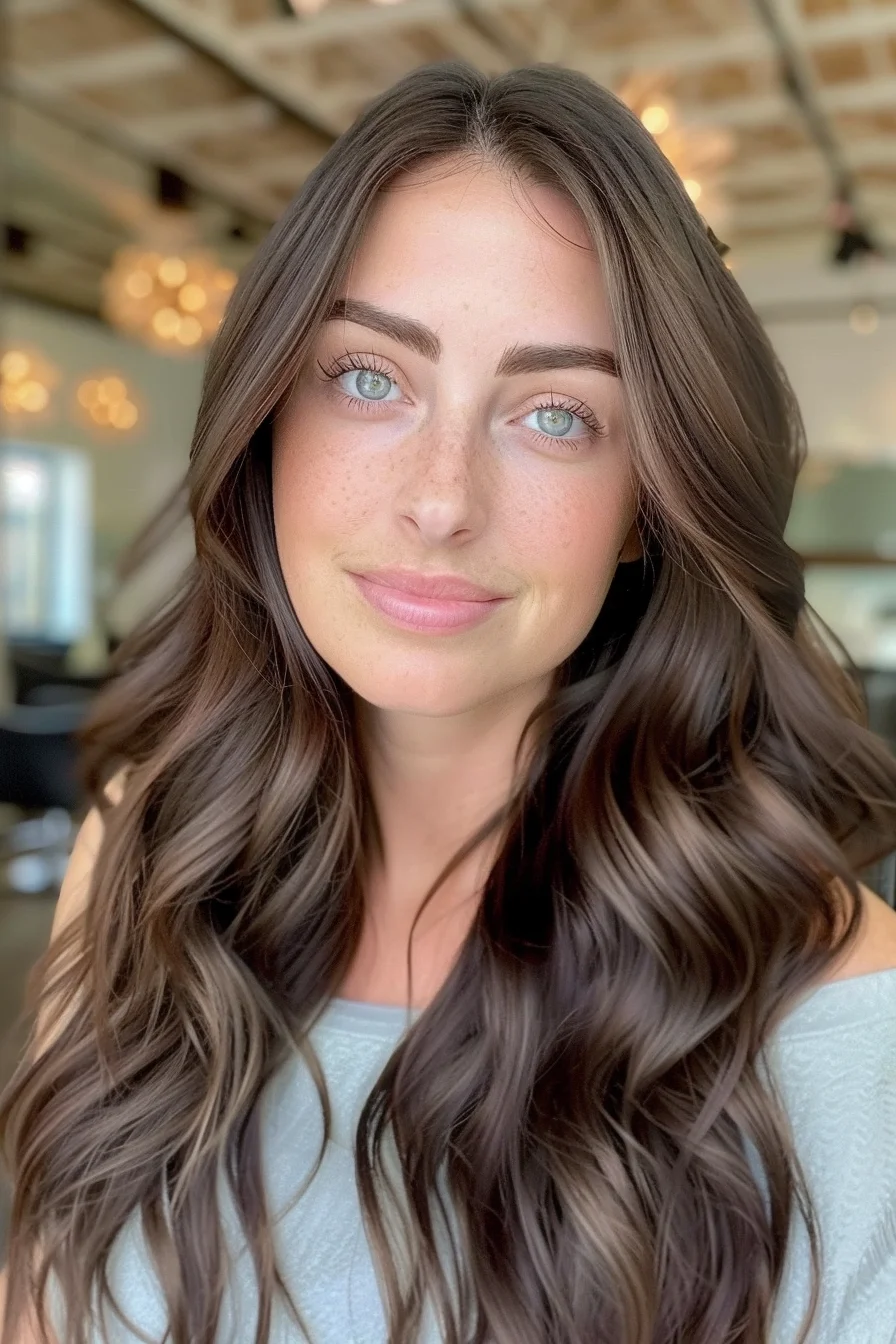 The hair shines with a healthy gloss, enriched by a rich chocolate brown hue that’s smooth and seamless. Soft curls start mid-length and continue to the ends, adding volume and bounce. The color is understated yet captivating, with a uniform tone that highlights the hair’s natural sheen and thickness.