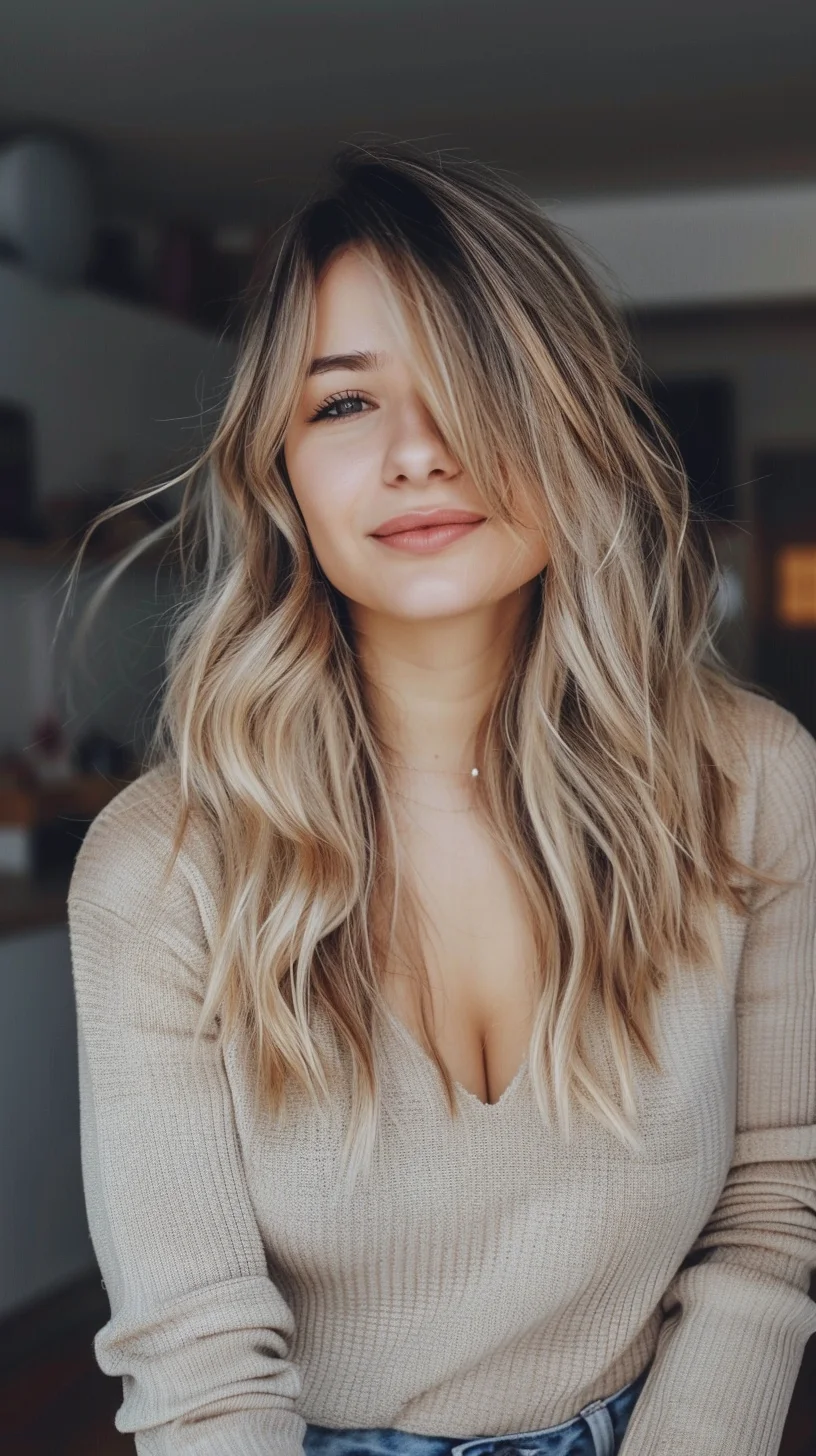 Soft waves cascade down, blending beautifully with a sandy blonde base that's subtly elevated by lighter blonde highlights. The face-framing layers add movement, making this style perfect for those who love a relaxed, beachy vibe that's still polished. The subtle contrast between the darker roots and lighter ends creates dimension, enhancing the overall texture and flow of the hair.