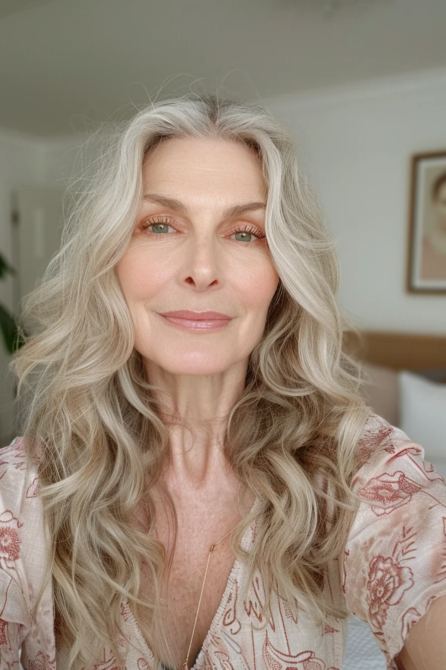 Defined curls add a playful twist to this cool-toned blonde, blending various shades of platinum and light ash for a multidimensional effect. The length and volume create an airy feel, perfect for those who want a light and bouncy style that still maintains a sense of refinement.
