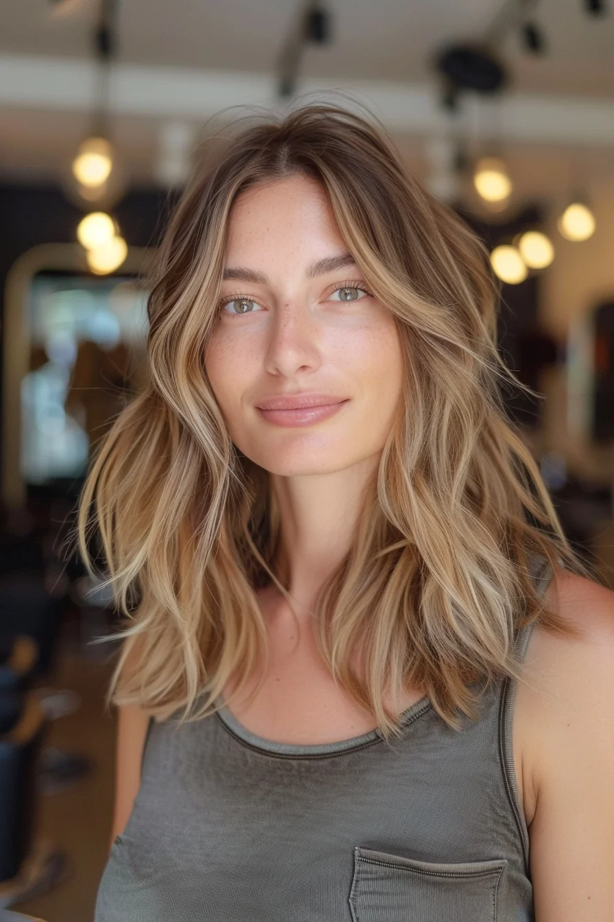 Golden hues blend effortlessly with subtle ashy undertones in this medium-length wavy hairstyle. The sun-kissed highlights add warmth and dimension, while the soft layers around the face offer a touch of lightness. It's a laid-back yet refined look that works perfectly for autumn, giving off that just-came-back-from-the-beach vibe but with a seasonal twist. The gentle waves create movement, making this style both dynamic and flattering for various face shapes.